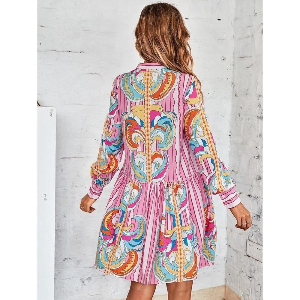 Striped and Scroll Print Half Button Smock Dress … - image 3